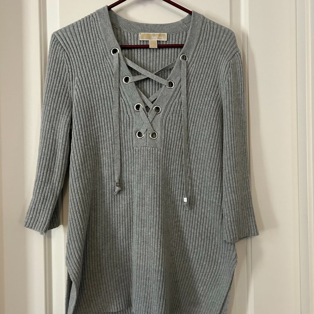Michael Kors Grommet Lace-Up Front Gray Sweater Size Large